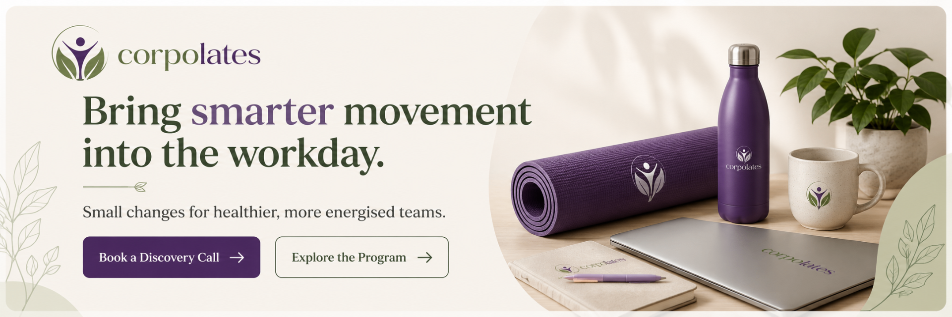 Corpolates yoga mat, water bottle, mug and plant on a workspace desk.